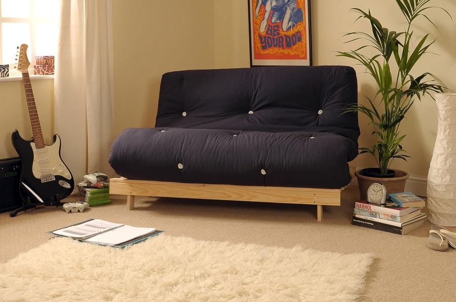 Double Wooden Futon Sofa Bed 4ft6 Tufted Navy Mattress Guest Ready
