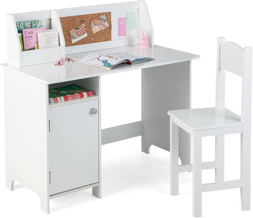 Kids Study Desk & Chair Set with Storage Cabinet, Cork Board, Ergonomic Design