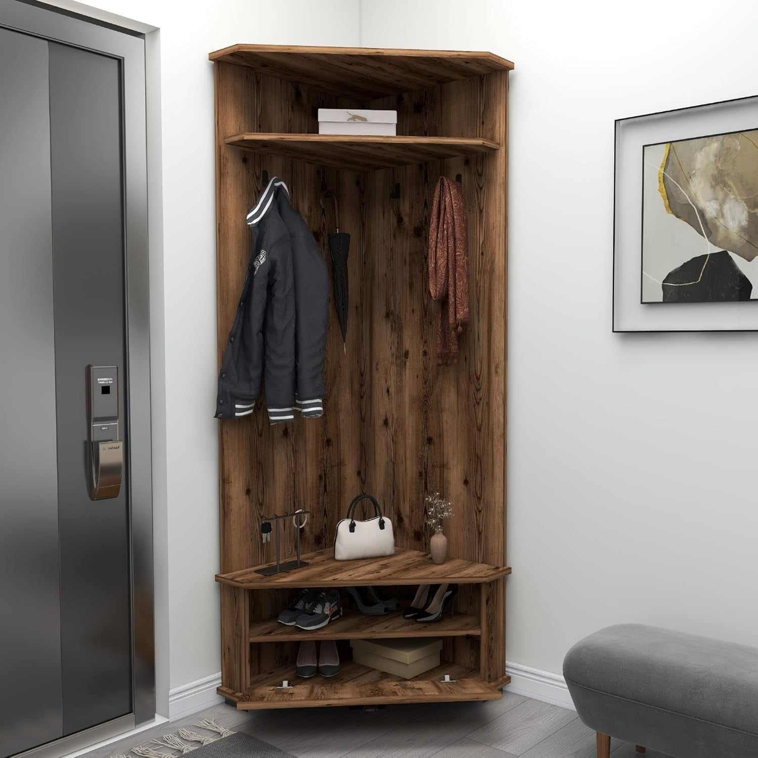 Corner Hall Tree with Coat Hooks, Shoe Bench & Storage Cabinet, Space-Saving