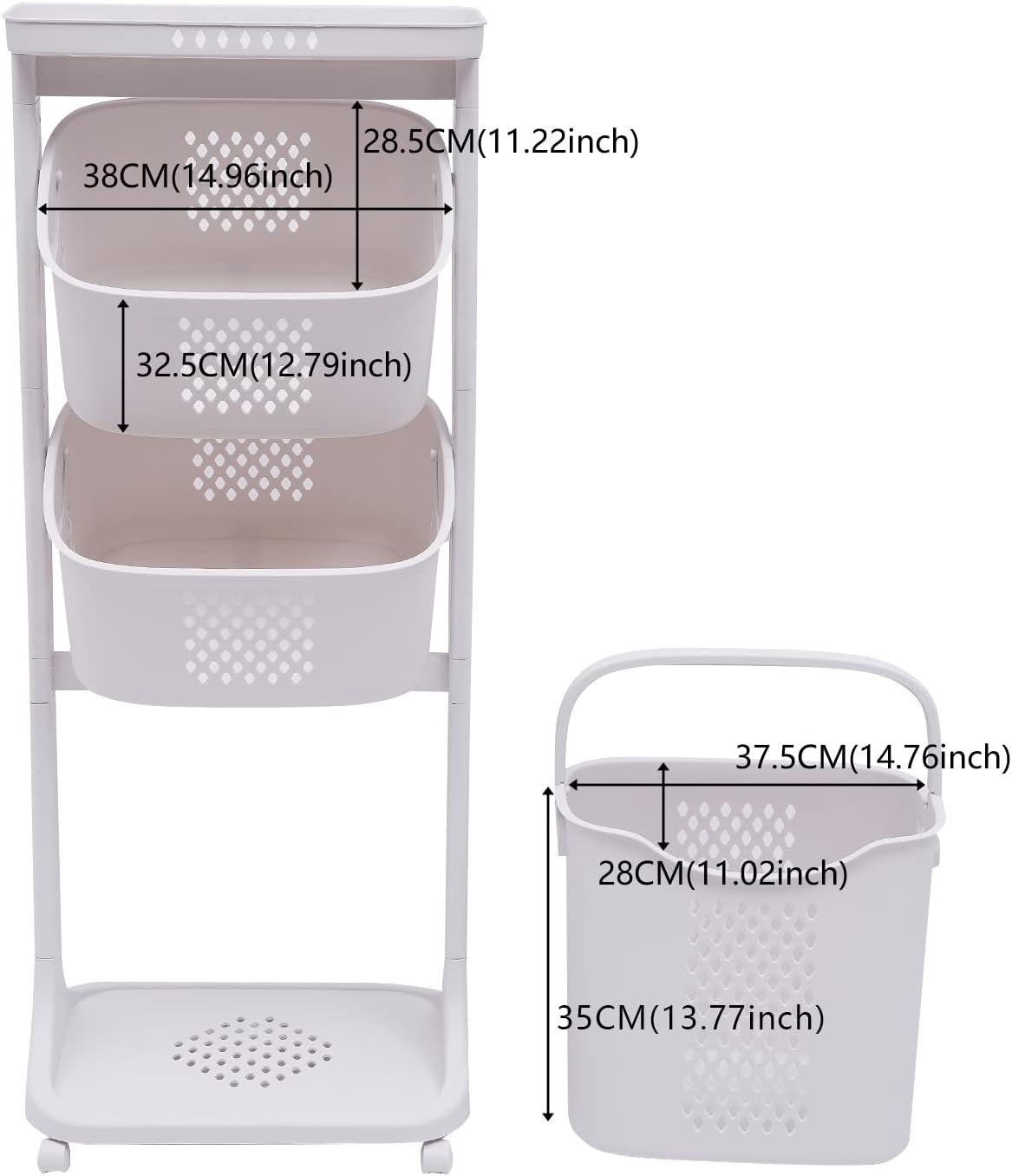 4 Tier Rolling Laundry Basket Cart Clothes Storage Hamper White Wheels