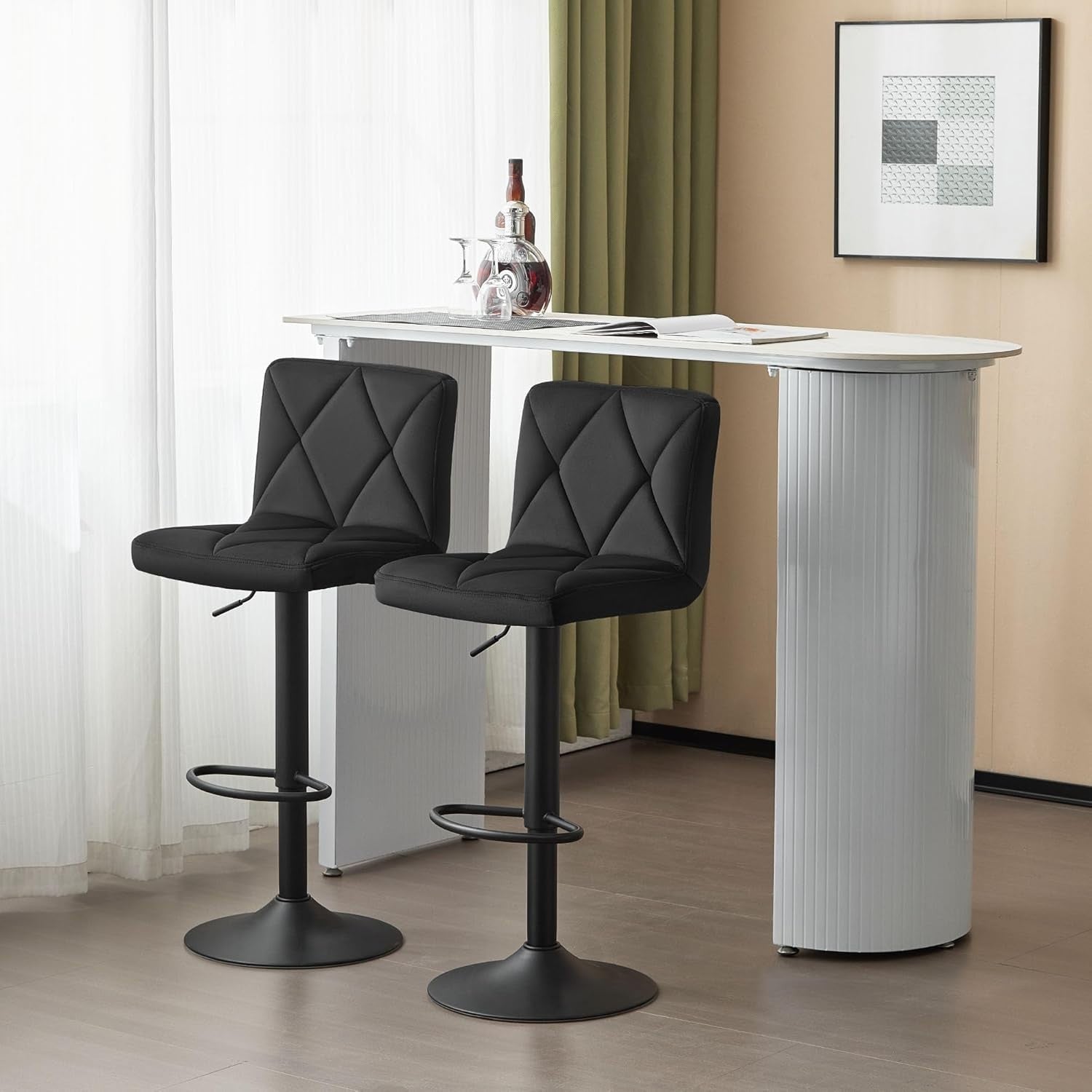 Set of 2 Black Velvet Bar Stools Square Seat Swivel & Adjustable 60-80cm