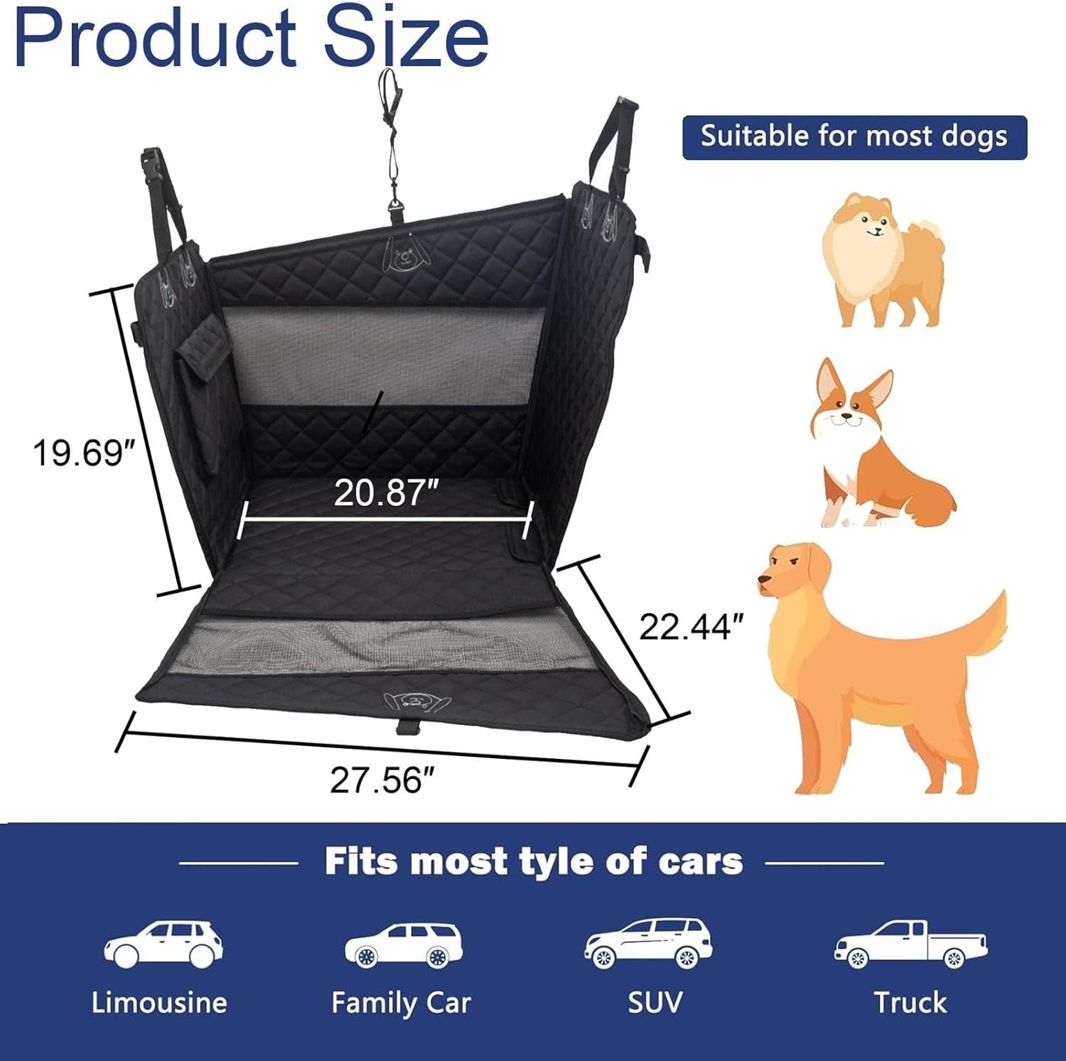Waterproof Dog Car Seat Hard Bottom Pet Booster Bed Large Dogs Black