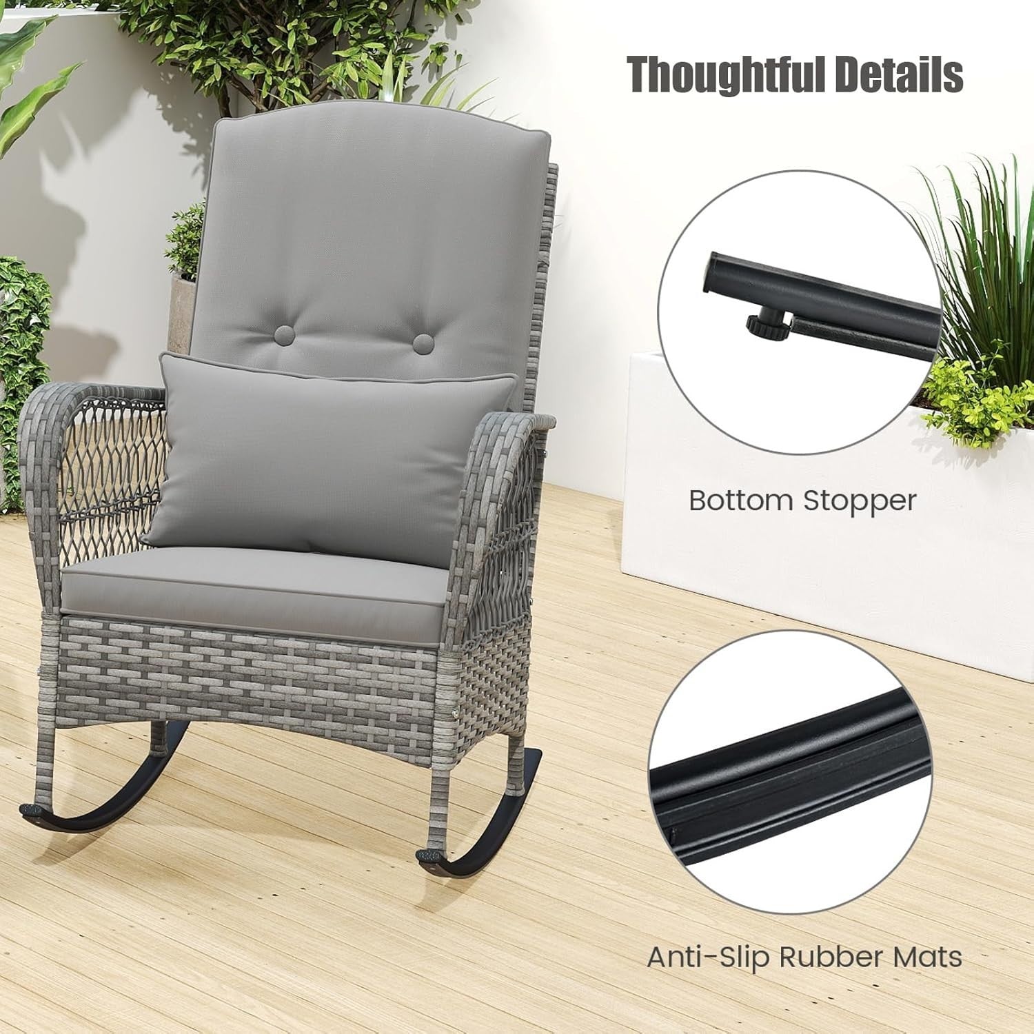 3pc Outdoor Rattan Rocking Bistro Set Cushioned Chairs Glass Table Patio