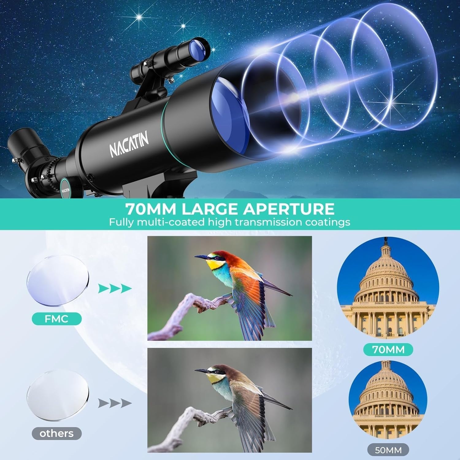 70mm Kids Telescope Refractor with Tripod & Phone Adapter Beginner Astronomy