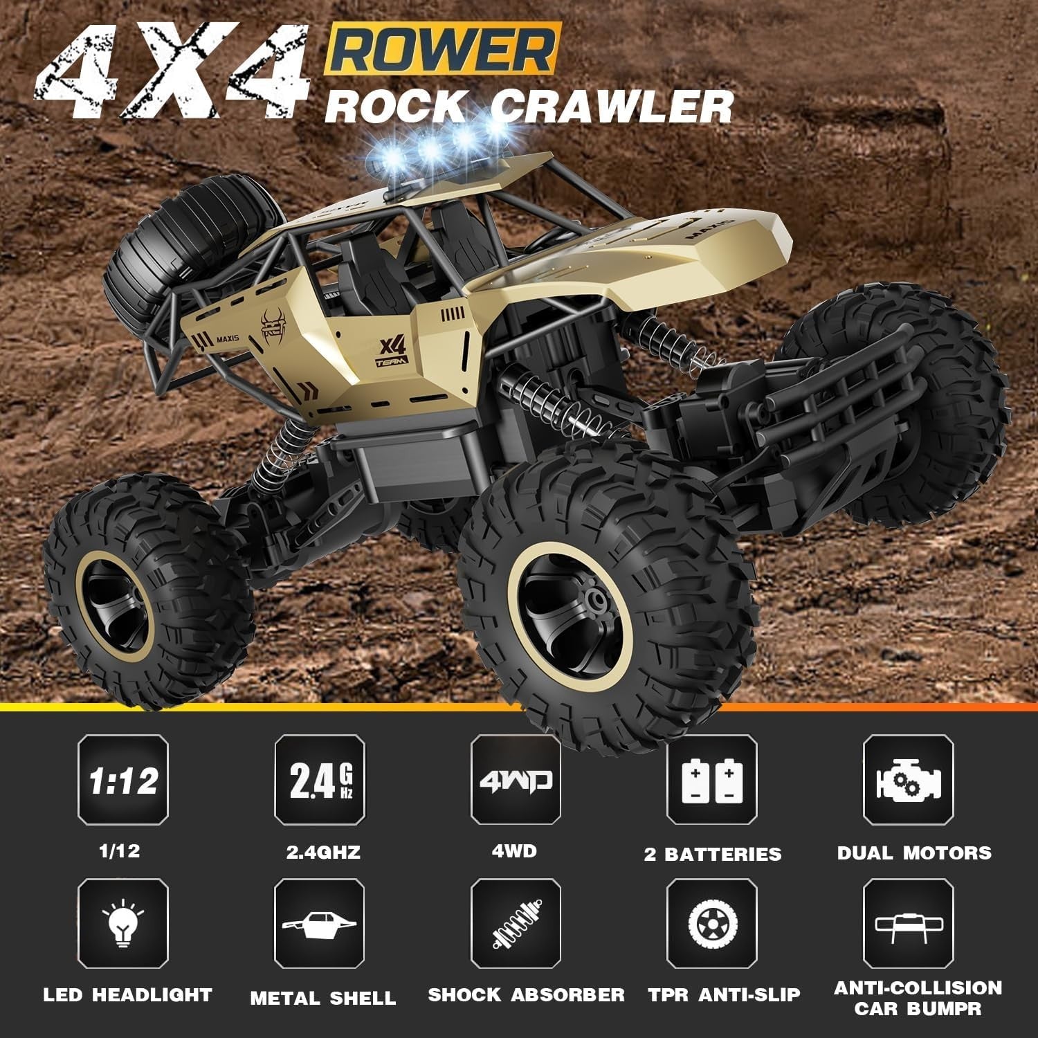 1:12 4WD RC Monster Truck Off-Road Car w/ LED Lights & 2 Batteries