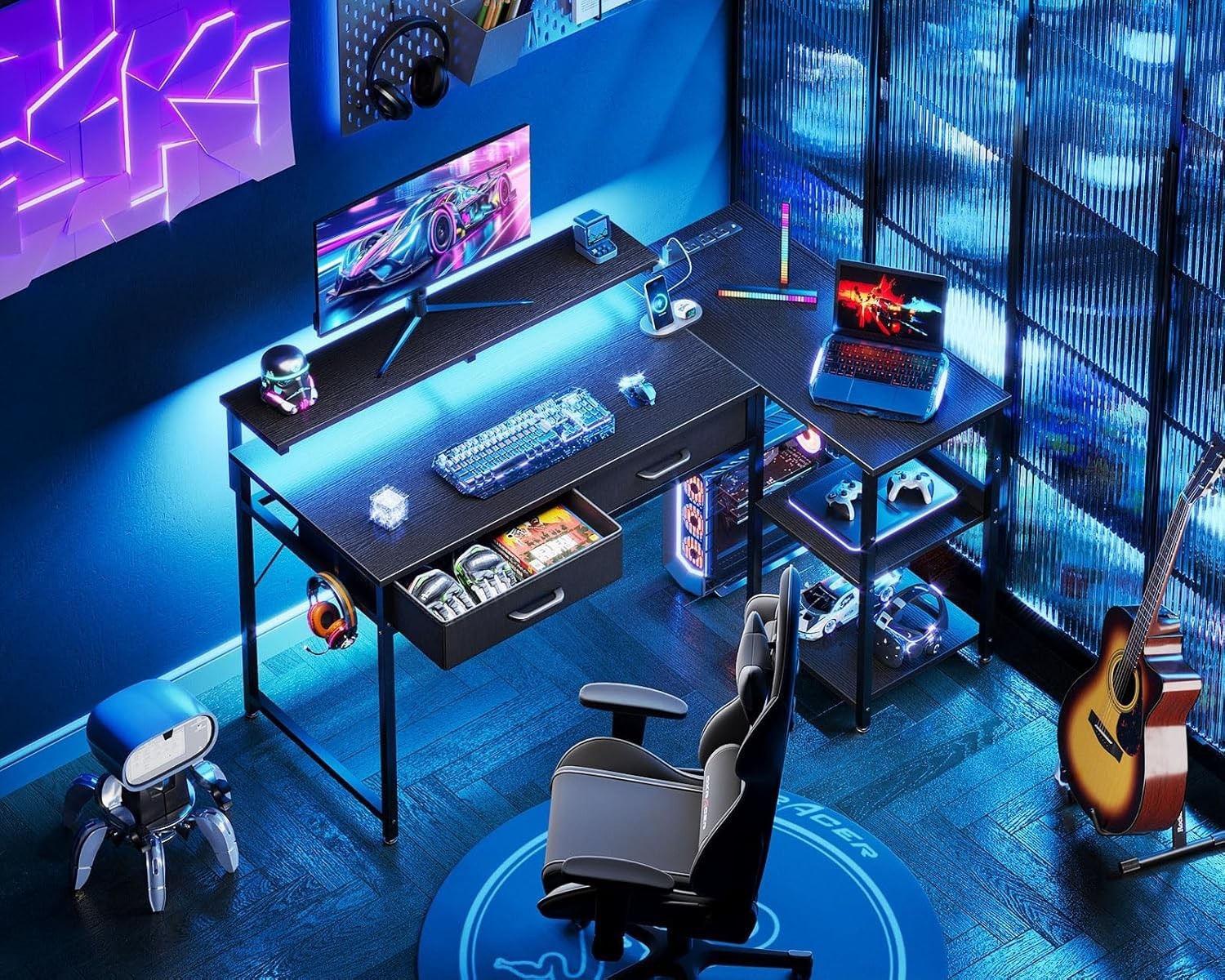 L Shaped 40" Gaming Desk w/ Drawers, Shelves & USB Ports|Home Office Table