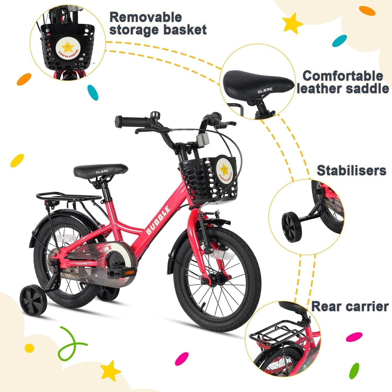 Kids Bike 12 14 16 Inch Bicycle with Stabilisers Basket Rear Rack Steel
