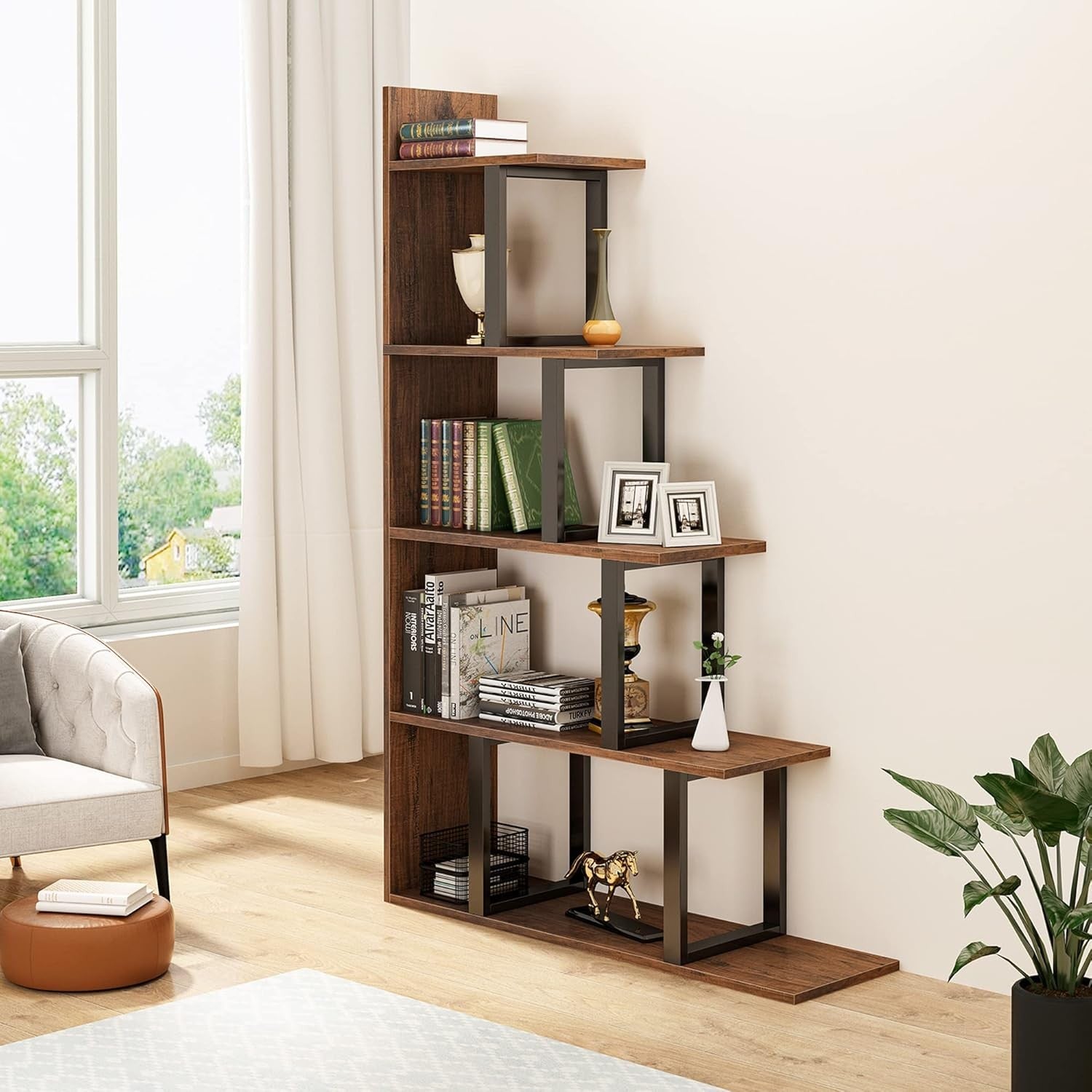 5-Tier L-Shaped Ladder Bookcase | Industrial Retro Brown Corner Shelf Unit