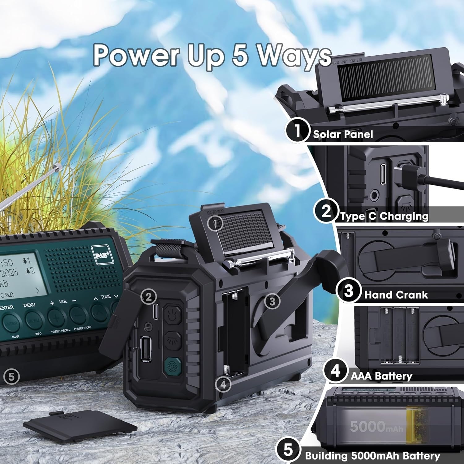 Wind Up Solar Radio DAB/FM 5000mAh Power Bank Flashlight SOS