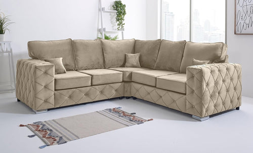 Luxury Cream Plush Velvet Corner Sofa L-Shaped 5 Seater Foam Cushions