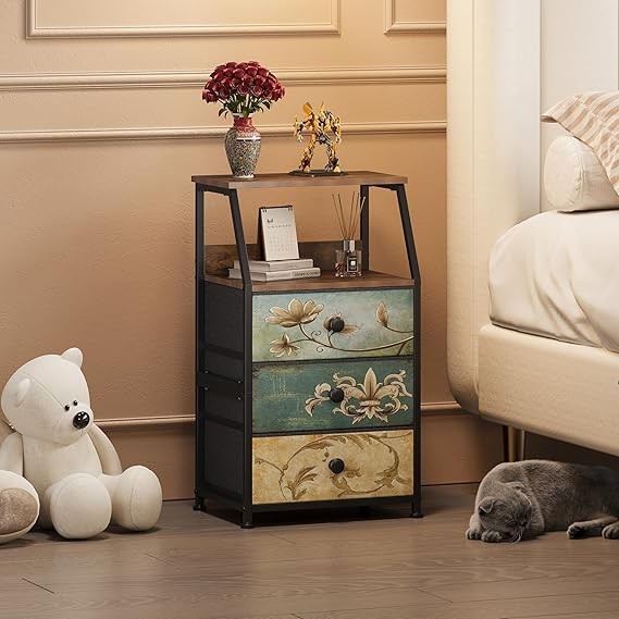 Vintage 3-Drawer Bedside Table with Open Shelf Storage | Rustic Metal Frame