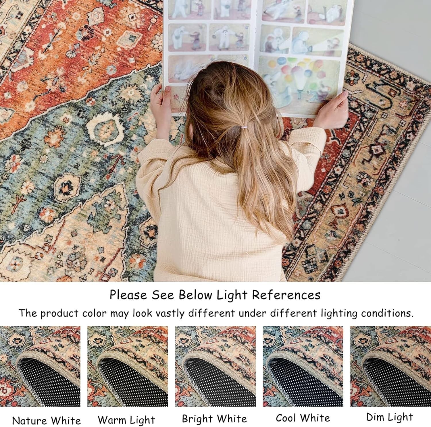 Vintage Boho Area Rug 150x210cm Washable Non Slip Short Pile Living Room