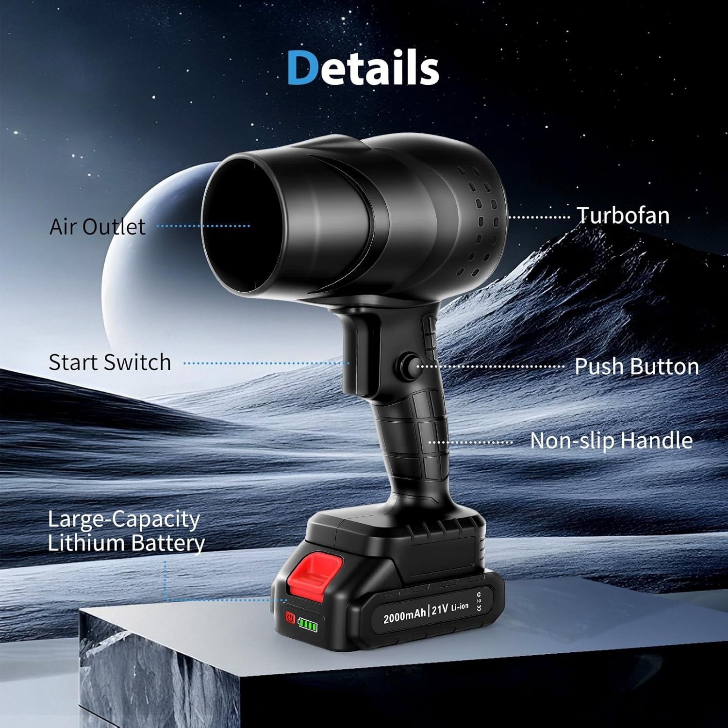 Cordless Leaf Blower 250000RPM Turbo Jet Air Duster with 2 Batteries