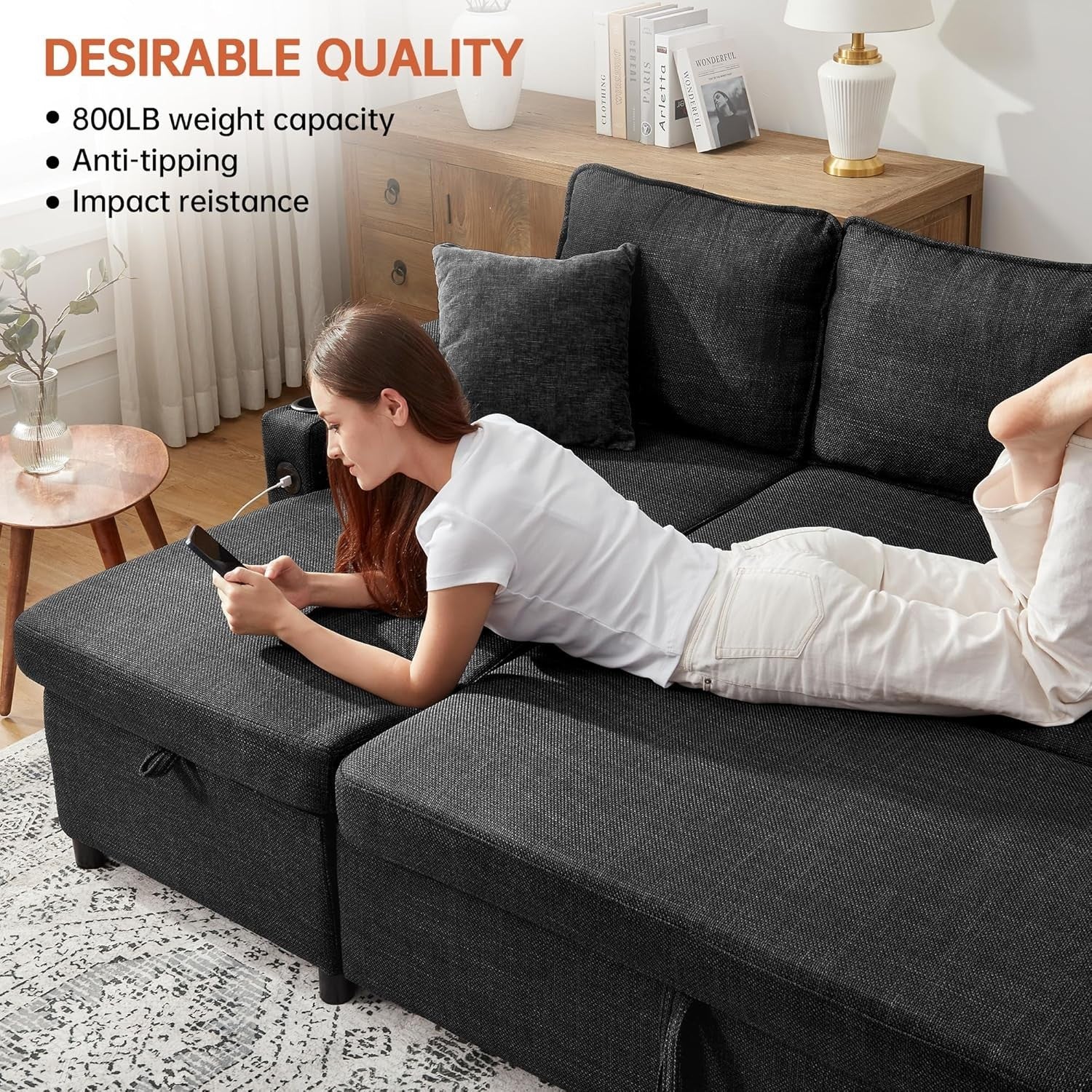 L Shape Sofa Bed Storage Chaise USB Cup Holder Pull Out Couch Grey