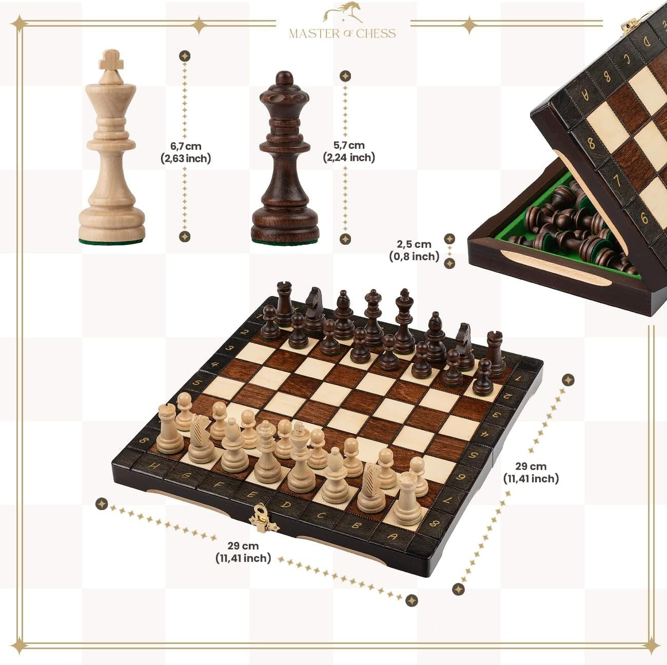 Portable Wooden Chess Set 29cm | Handcrafted Champion Board with Pieces | Travel
