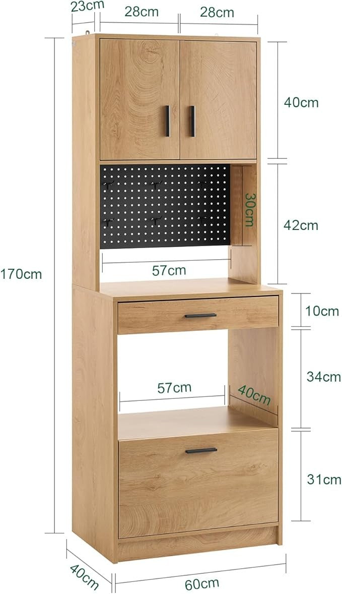 Tall Oak Kitchen Storage Cabinet with Microwave Shelf & Cupboard 170cm