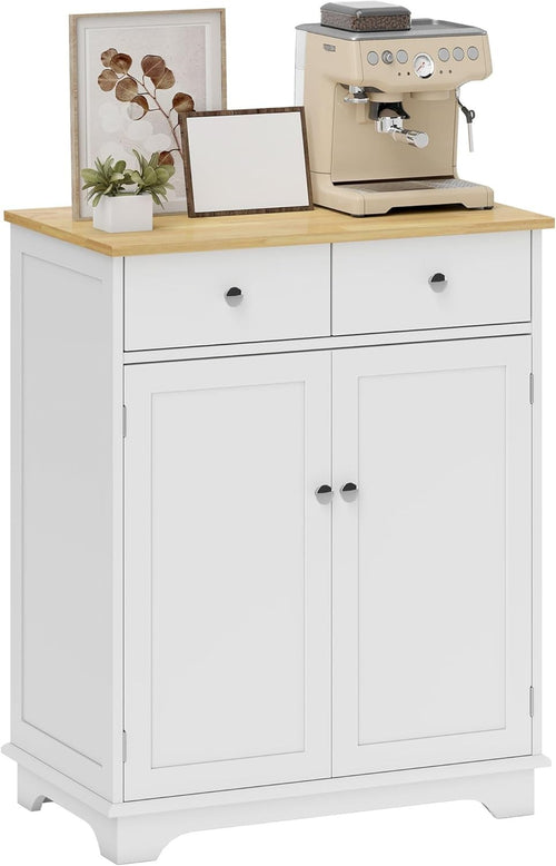 White Kitchen Sideboard Cabinet with Wood Top, Drawers & Adjustable Shelf