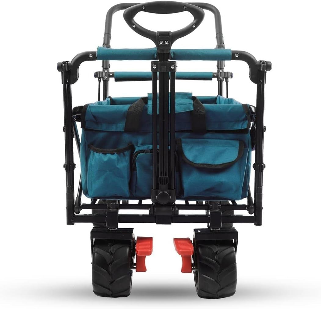 Blue Beach Wagon Foldable Cart w/ Roof Extra-Wide Wheels Push Handle & Brake