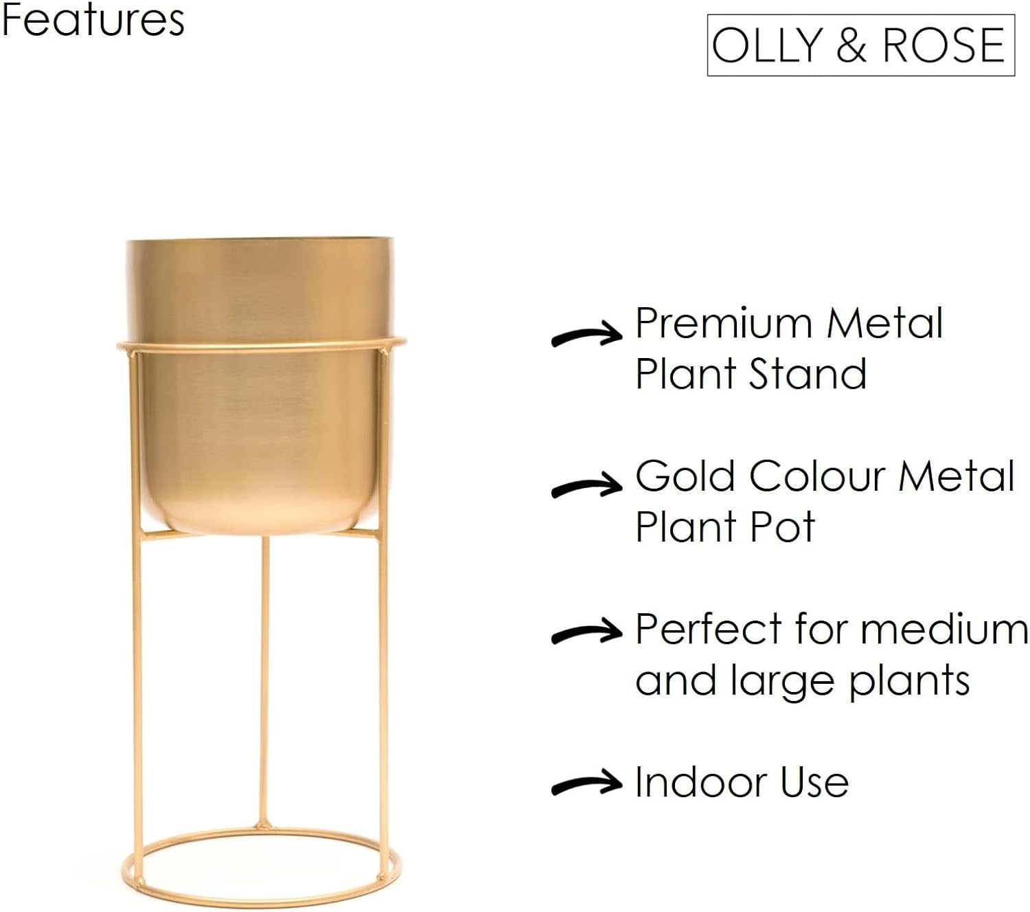Gold Metal Plant Stand with Pot 50cm Tall Indoor Modern Decorative Planter