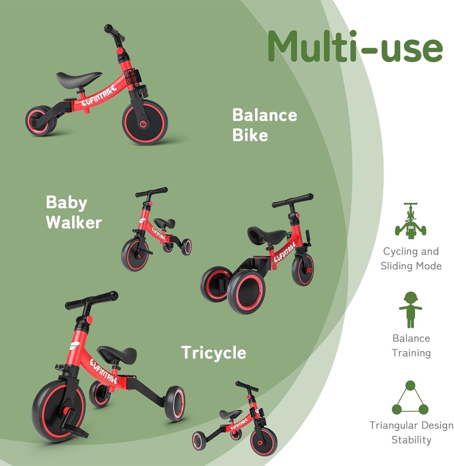 5 In 1 Toddler Tricycle Balance Bike Kids Ride On Removable Pedals Red