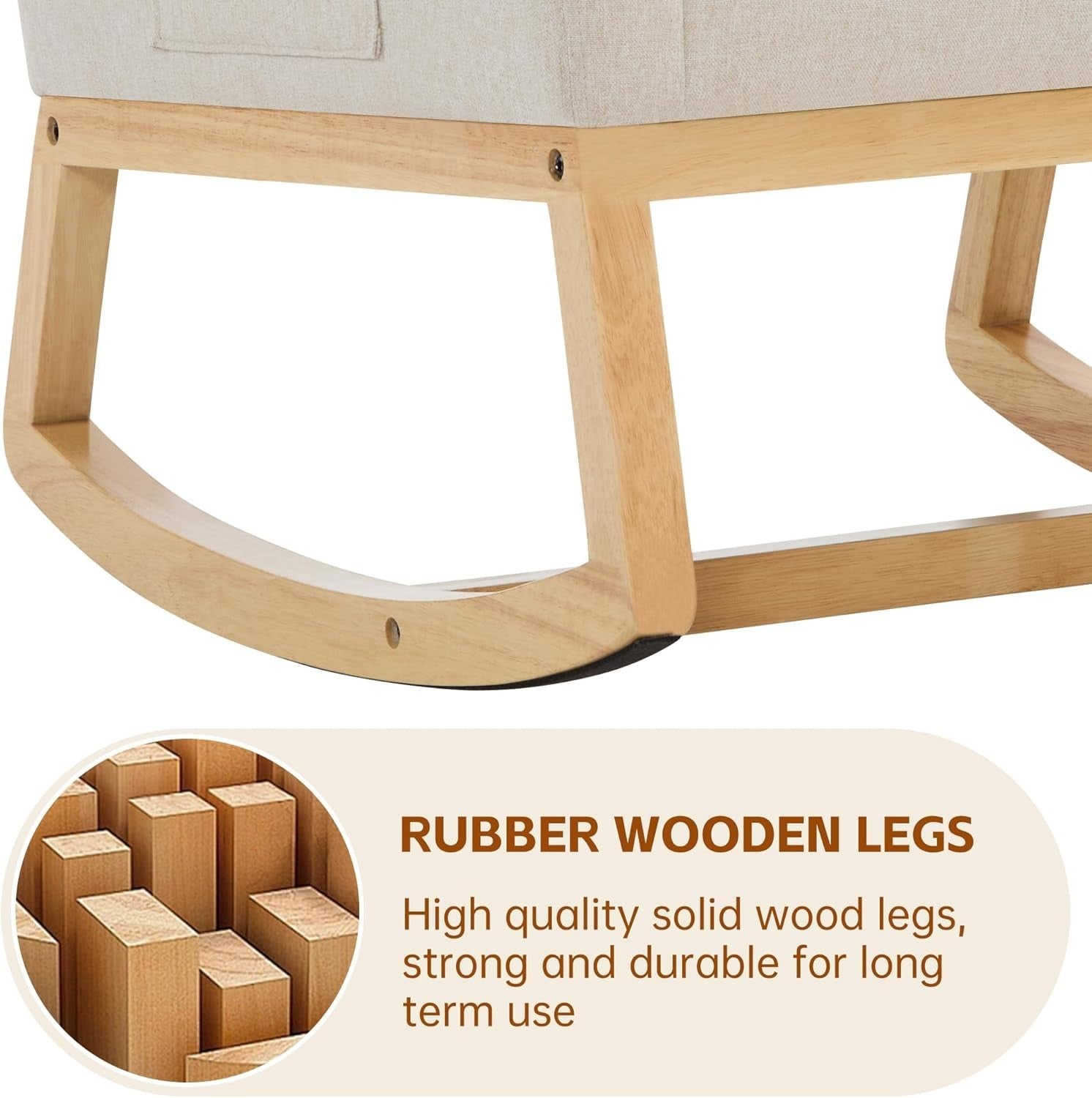 Beige Linen Rocking Chair for Adults with High Back, Storage & Wooden Legs