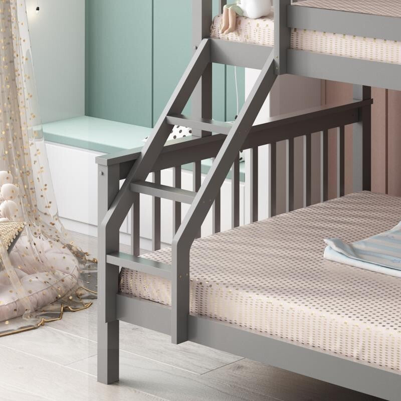 Kids Grey Bunk Bed 3FT Single Over 4FT6 Double Wooden Trio Bed Frame