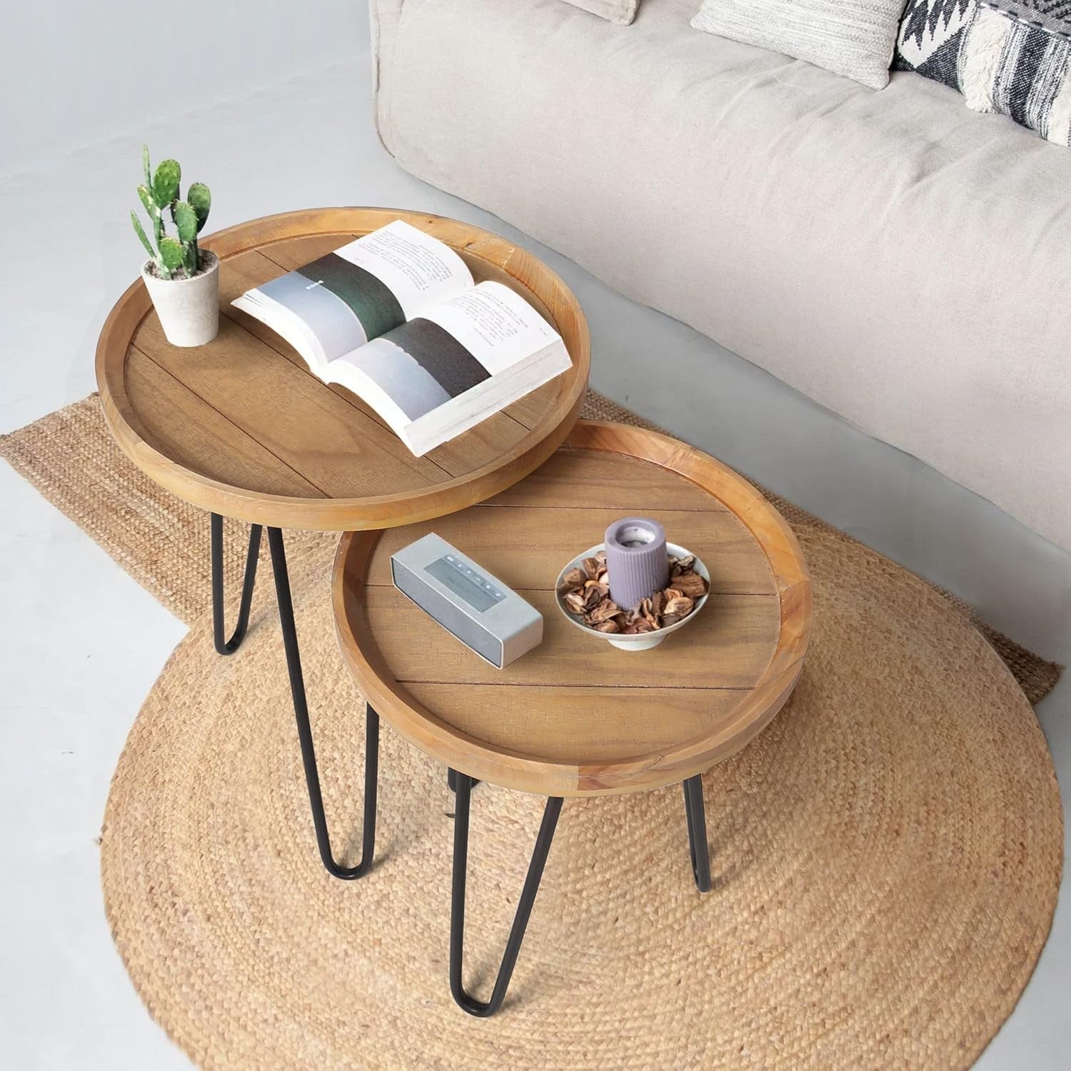 Round Wood Nesting Coffee Table Set of 2 End Side Tables Metal Frame Natural