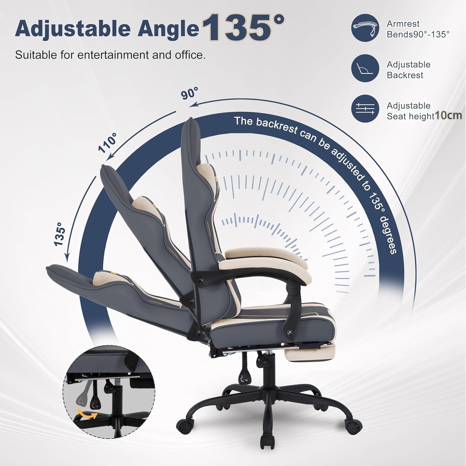 Ergonomic Gaming Chair Recliner w/ Footrest Lumbar PU Leather Grey