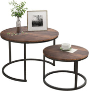 2pc Nesting Coffee Table Set Round Side End Tables Space Saving Black-brown