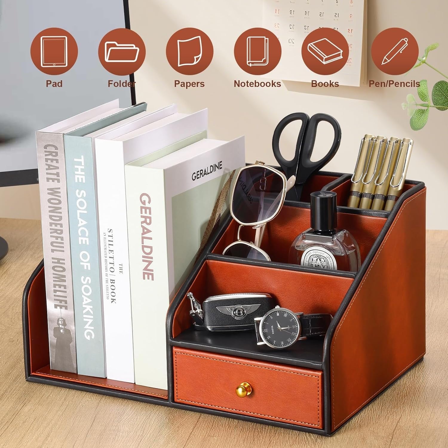 PU Leather Desk Organizer with A4 Magazine Rack & Pen Holder 33x28x18cm