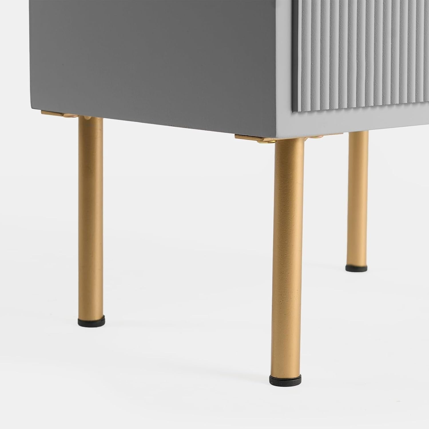 Modern Grey 4 Drawer Bedside Table | Ribbed Wood Nightstand with Gold Legs