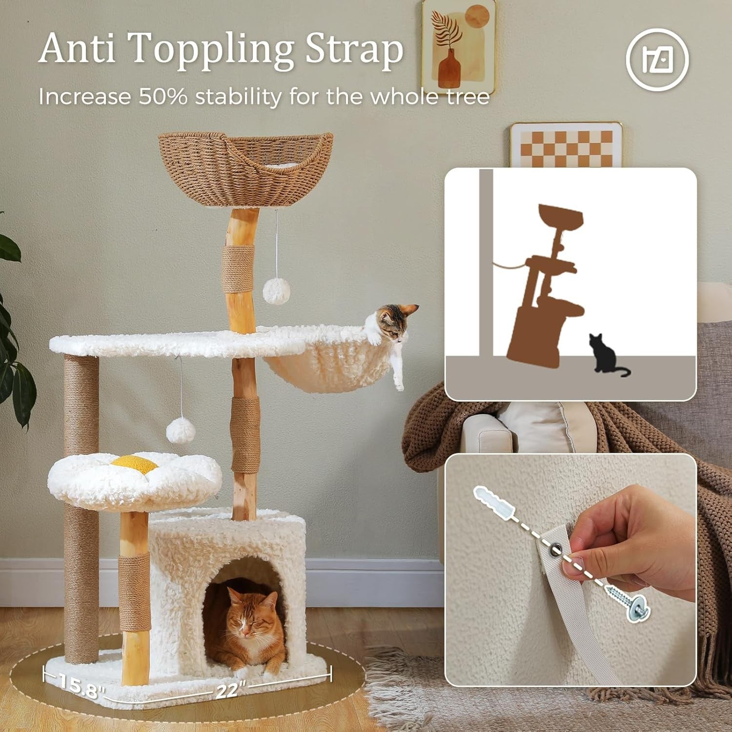 Luxury Cat Tree Tower 123cm Wicker Basket Condo Hammock Scratching Post