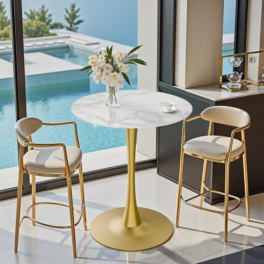 Rich White 76cm Round Bar Table Tall 100cm Sintered Stone Top Gold Metal Base