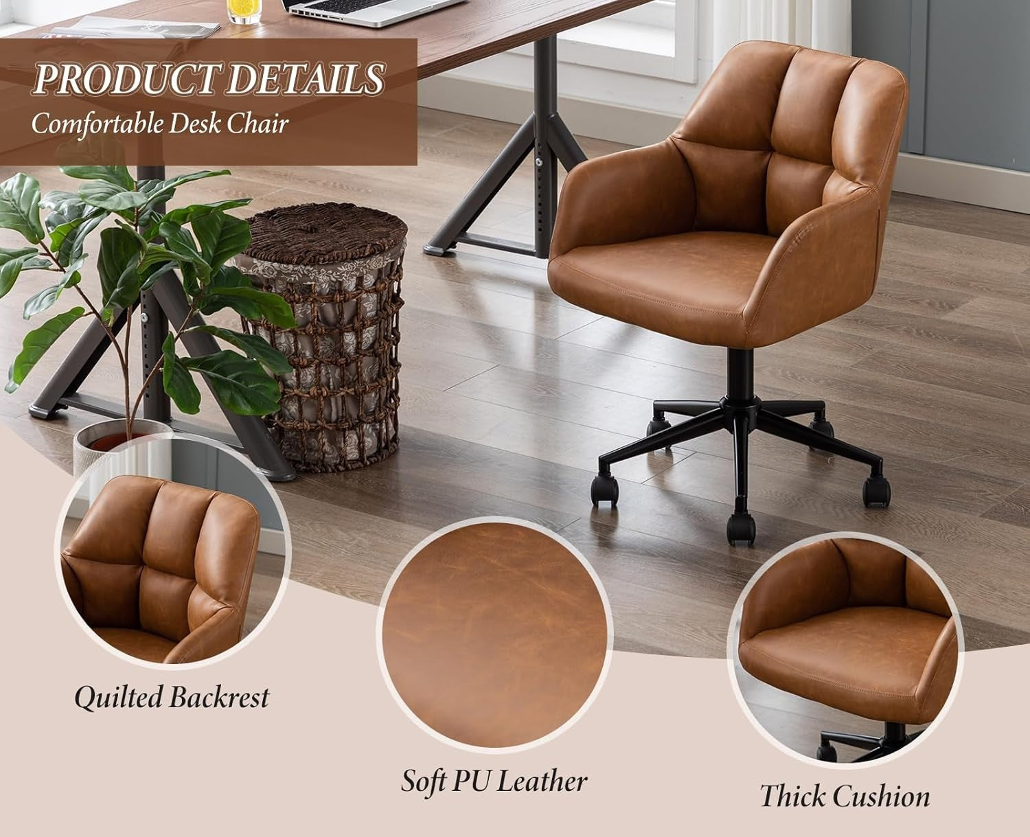 Faux Leather Office Chair Brown Swivel Desk Seat Height Adjustable Metal Base