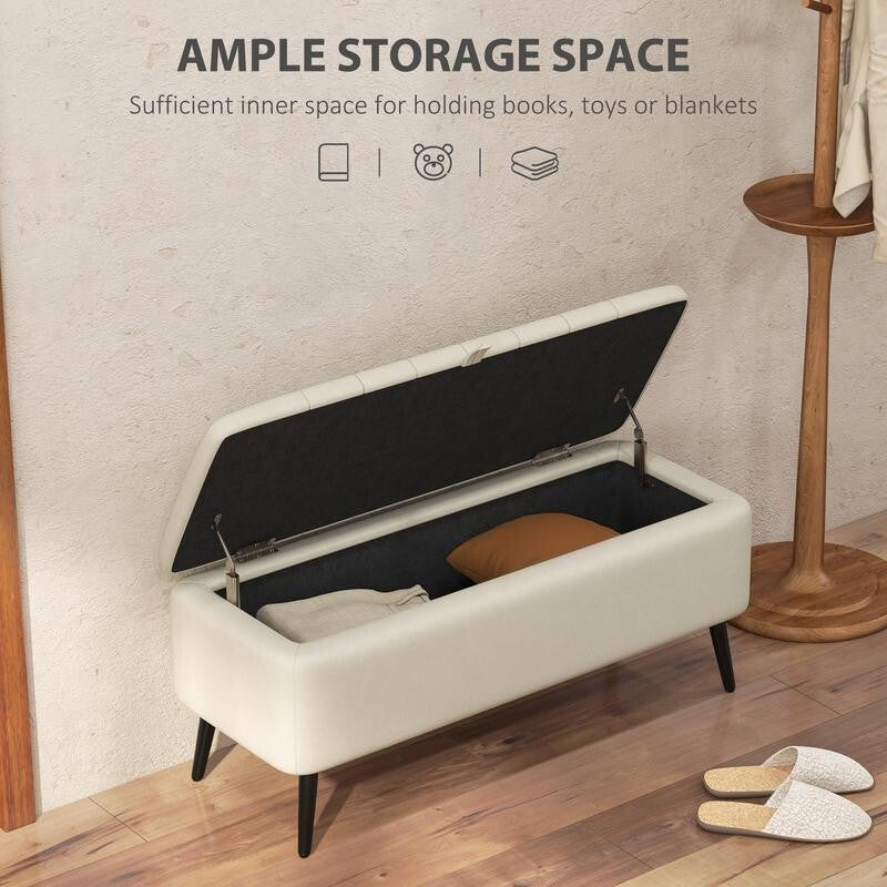 Storage Ottoman Bench Cream Linen Seat Flip Top Stool Steel Legs Bedroom