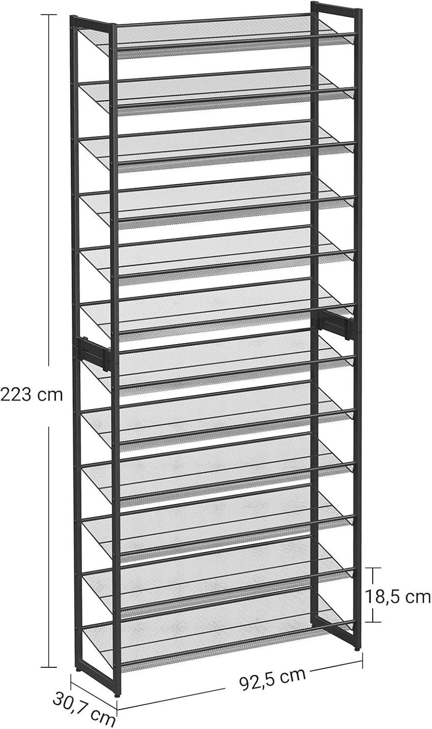 12-Tier Adjustable Metal Shoe Rack – Stackable, Holds 48-60 Pairs, Black