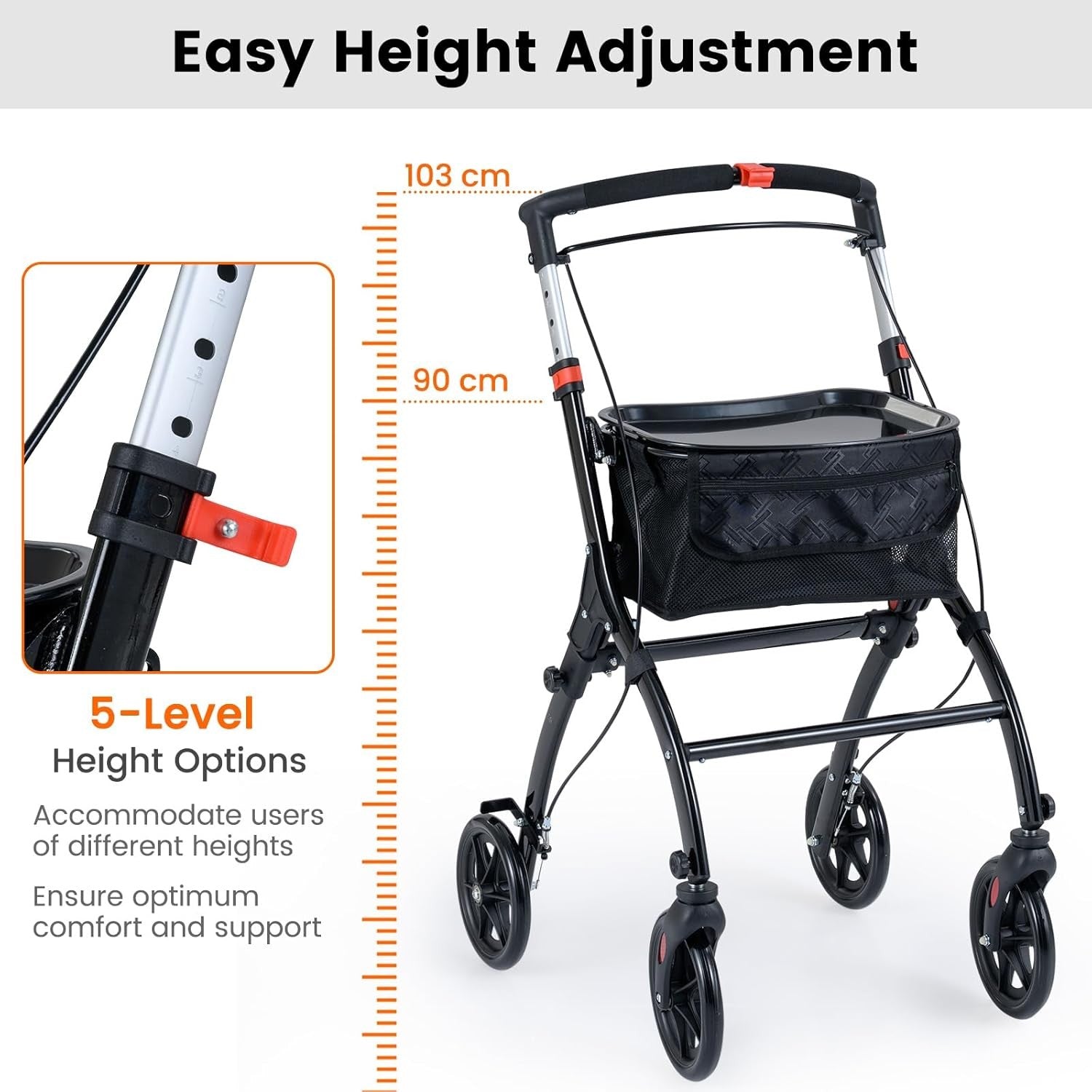 Lightweight Folding Rollator Walker 4 Wheel Basket Brakes Narrow Black