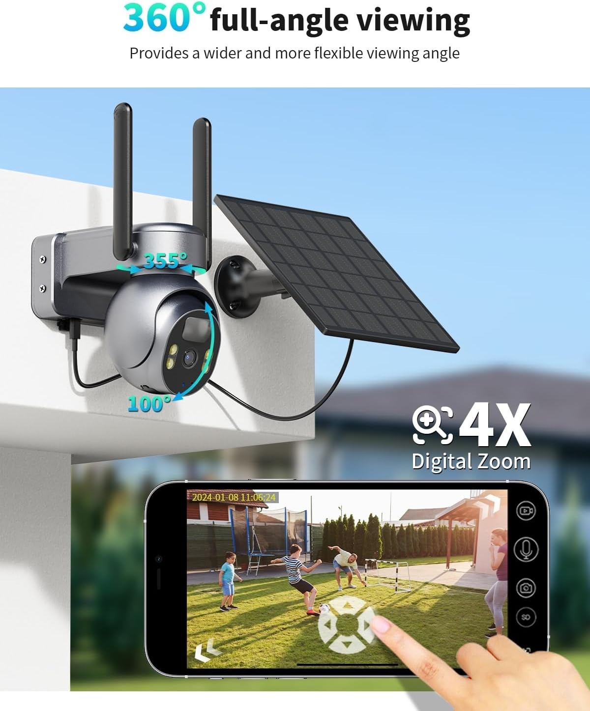 4G LTE Solar Security Camera 2K PTZ Night Vision CCTV No WiFi