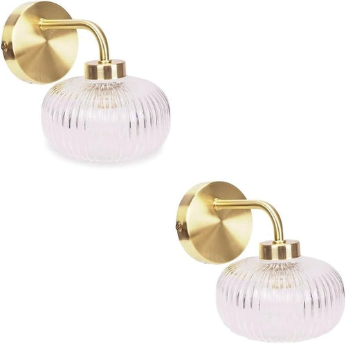 Gold Wall Light Pair with Clear Ribbed Glass Shade | LED Included, IP44
