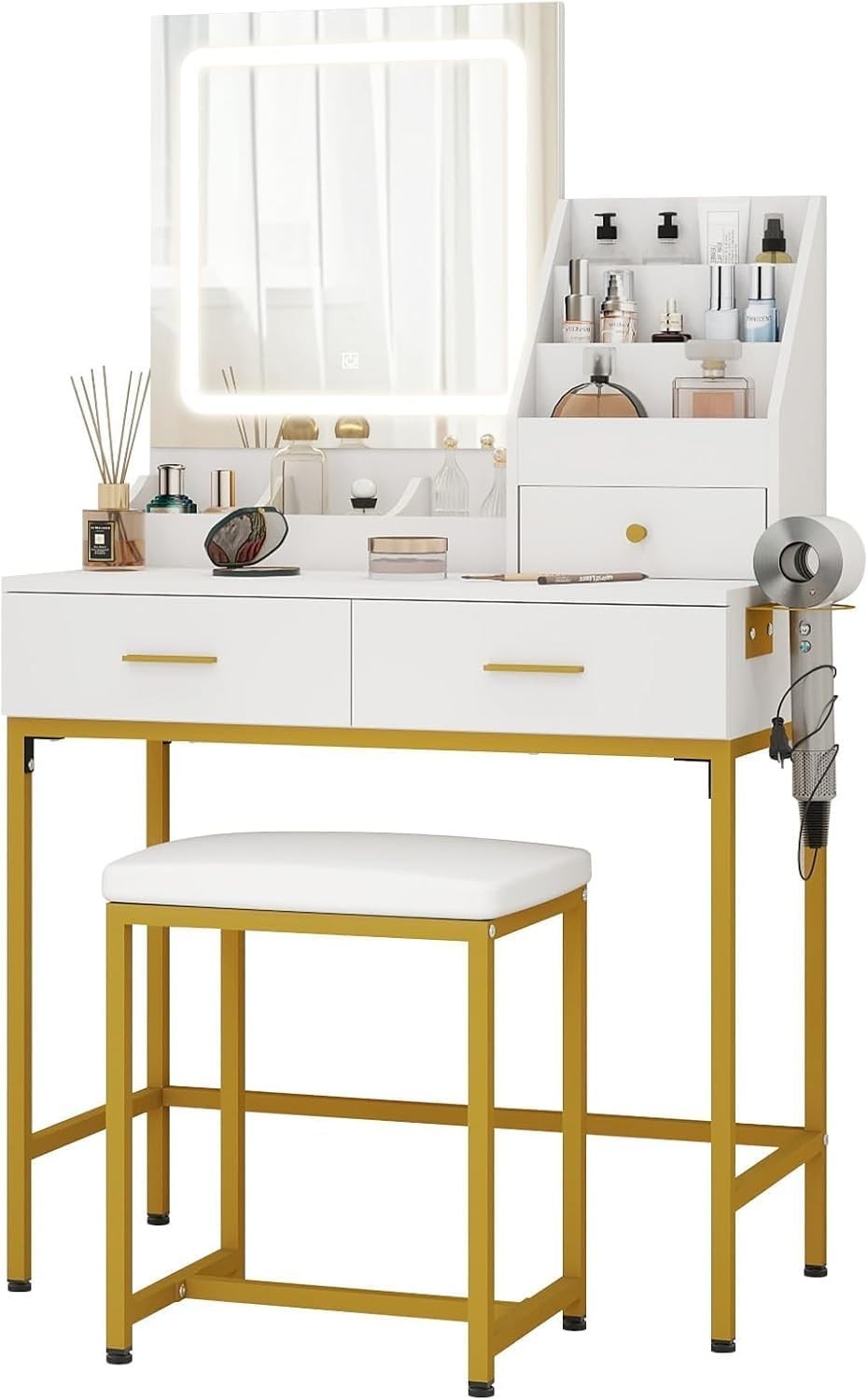 Vanity Makeup Dressing Table with LED Mirror 3-Color Light & Storage White/Gold