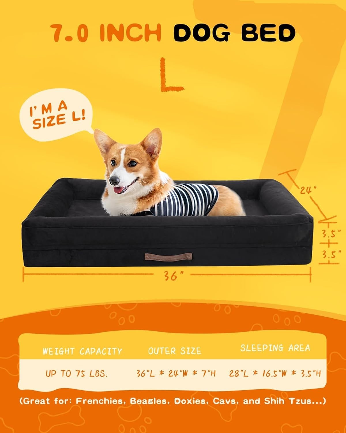 Large Orthopedic Dog Bed 91x61cm Waterproof Washable Black