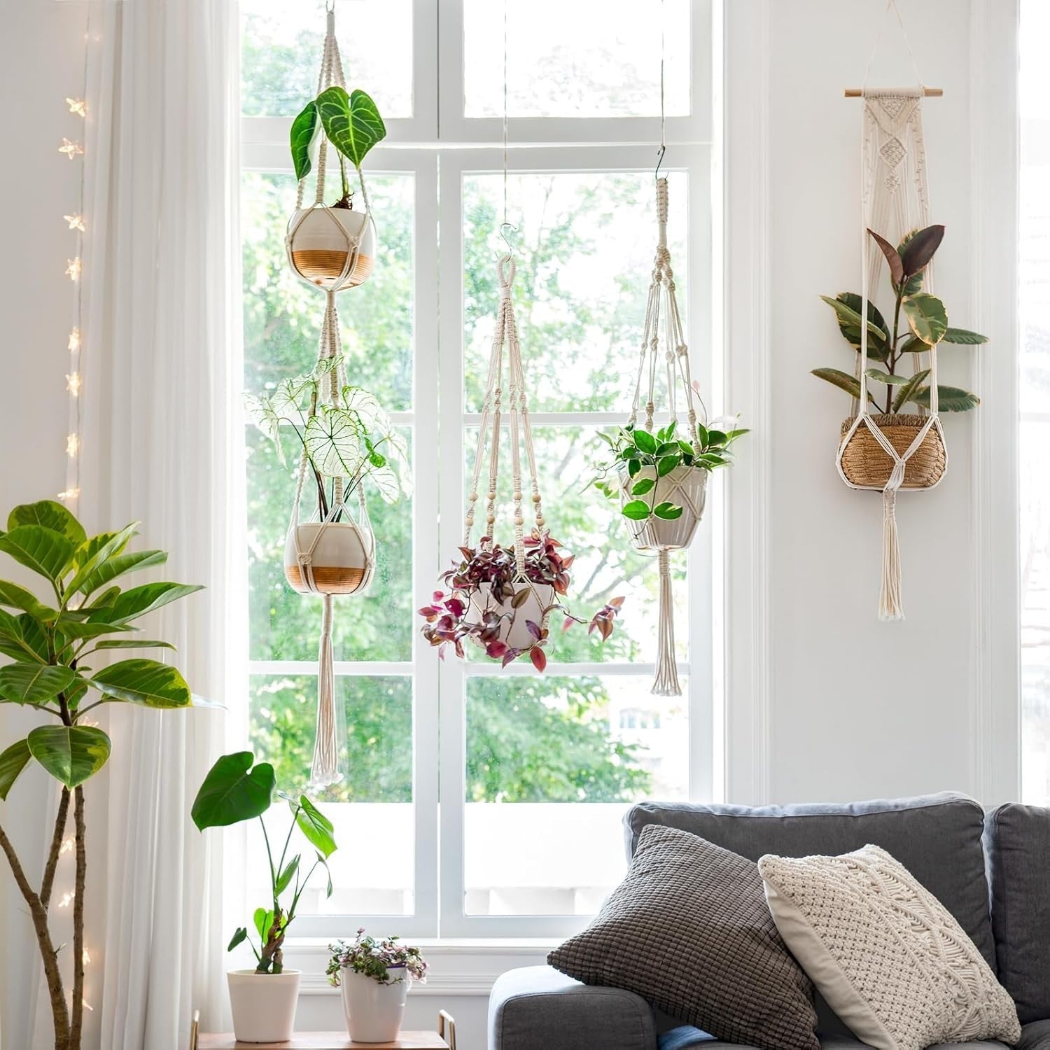 Boho Macrame Plant Hangers Set of 4 – Indoor Outdoor Cotton Pots