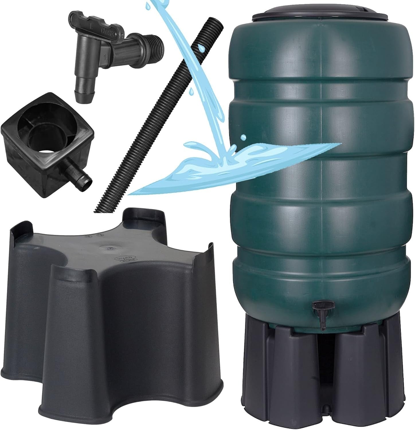 150L Slimline Garden Water Butt Set With Stand Tap and  Filler Kit Green