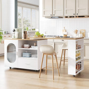 White Modern Kitchen Island on Wheels with 360° Rotating Top, Storage & Drawers