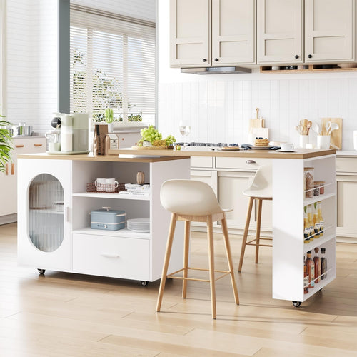 White Modern Kitchen Island on Wheels with 360° Rotating Top, Storage & Drawers