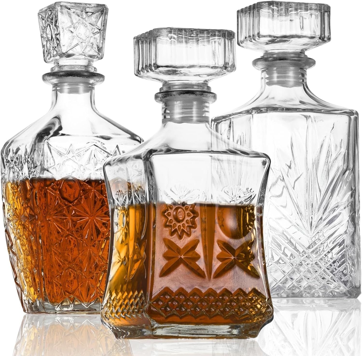 Luxury Glass Whiskey Decanter Set of 3 Vintage Cut Bar Bottles