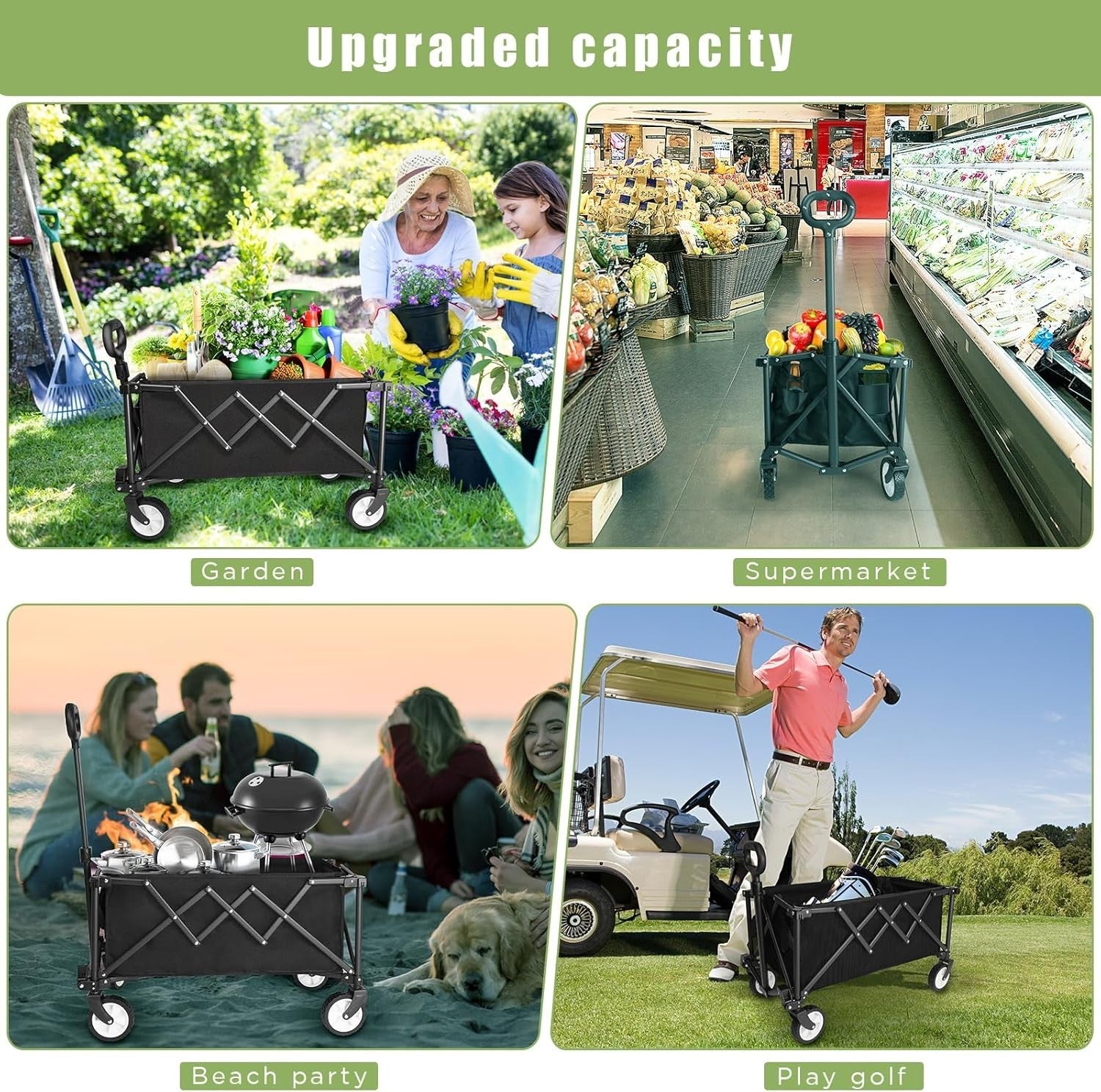 Black Heavy Duty Folding Wagon 100L All-Terrain Garden Camping Beach Trolley