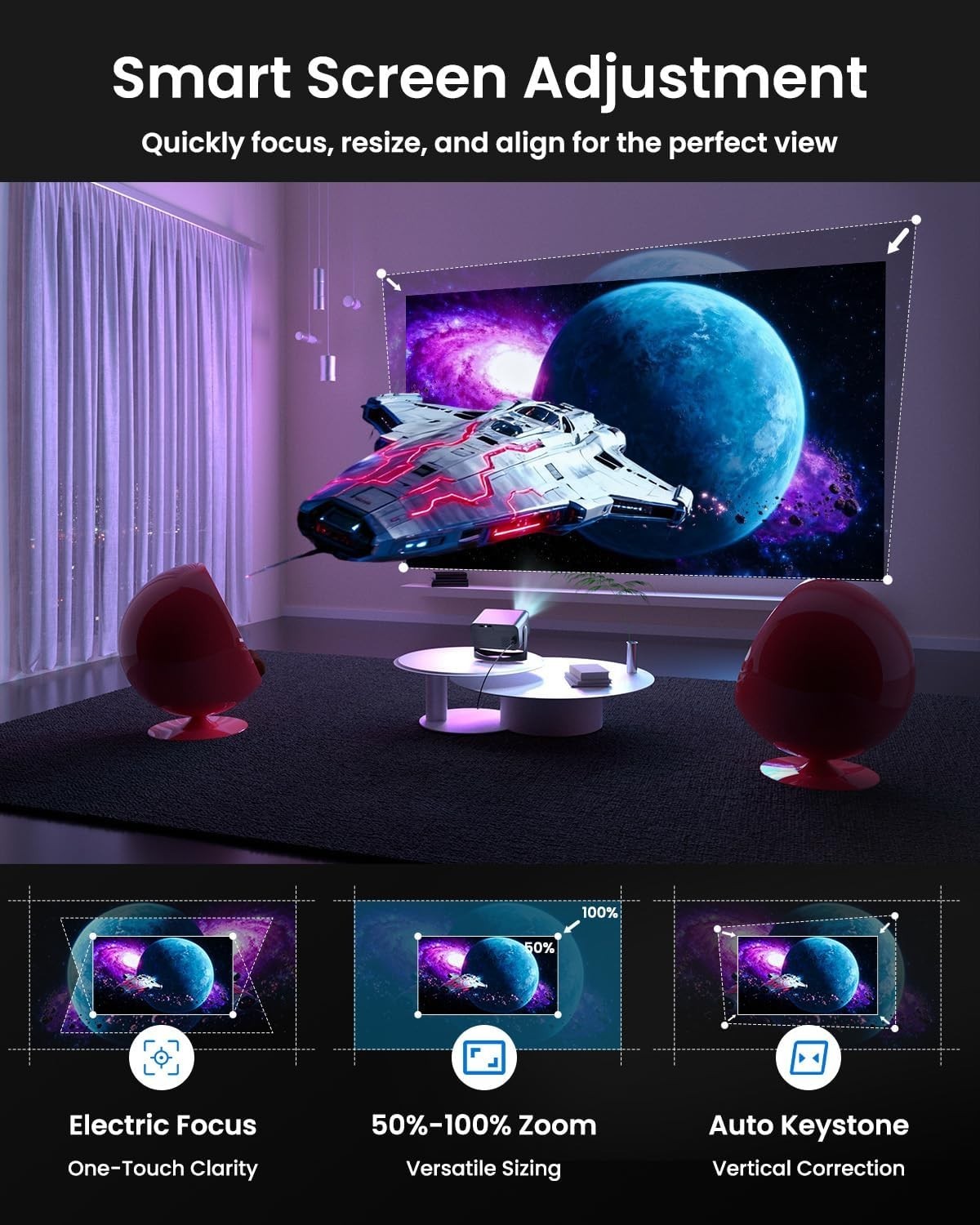 Mini 1080P Smart Projector 4K Support WiFi Bluetooth Electric Focus