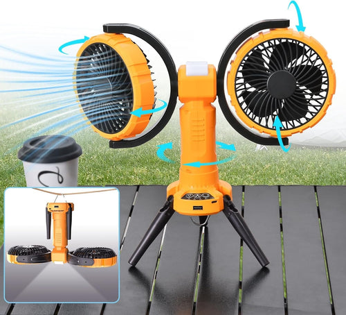 Yellow Camping Fan with LED Light – 4-Speed 360° Oscillating USB Rechargeable