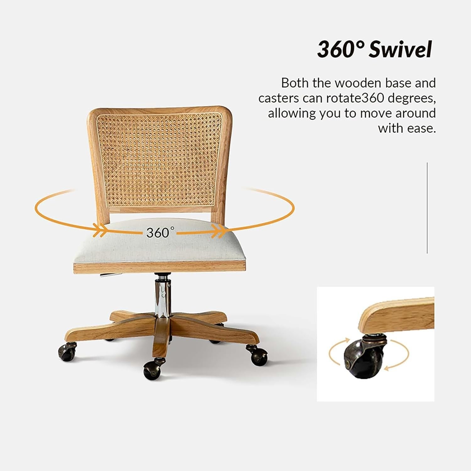 Linen Swivel Office Chair Adjustable Height Upholstered Rattan Desk Seat